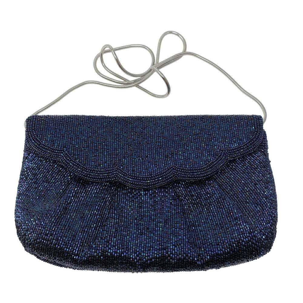 Vtg Walborg Evening Bag Women's Blue Iridescent Beaded Scalloped Chain Purse
